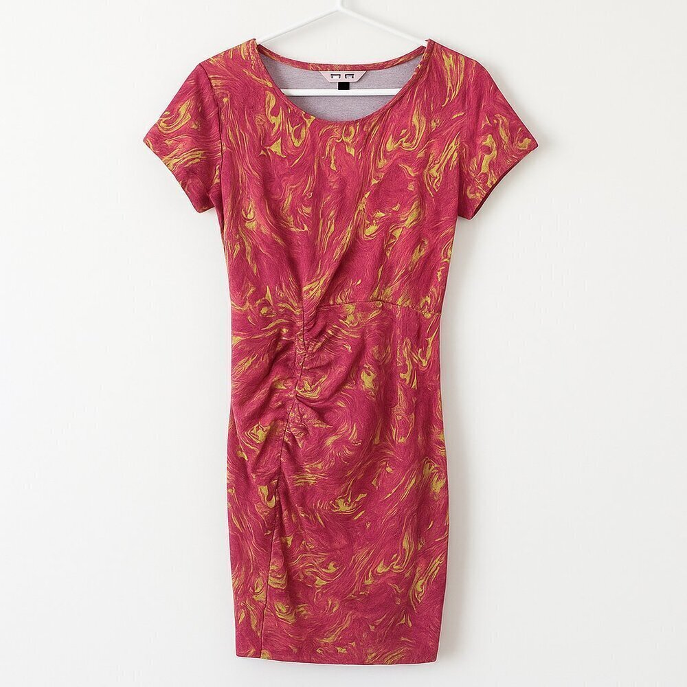 The Kit Ruched Swirl Print Sheath Dress Pink Orange Abstract Ruched Size Small - Picture 3 of 6